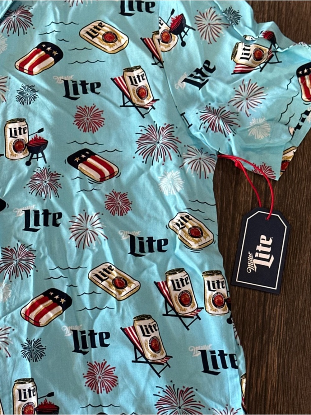 Miller Lite beer Hawaiian button up rayon shirt Mens M BBQ patriotic beach NEW - Picture 2 of 8
